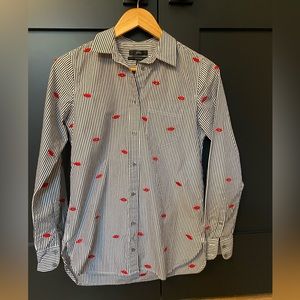 J Crew Stripe Embroidered Lips Blouse Valentine’s Day